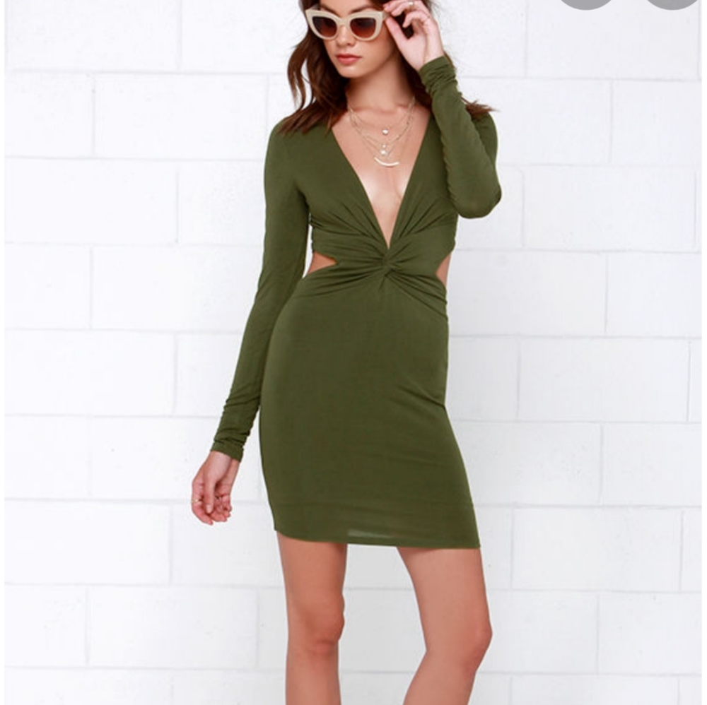 XS Olive Green Mini Dress with Sexy Side Cut-Outs